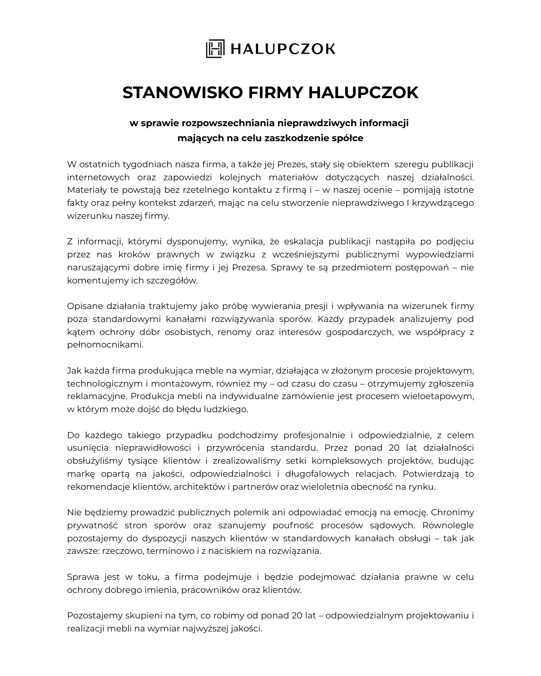 Oświadczenie firmy Halupczok